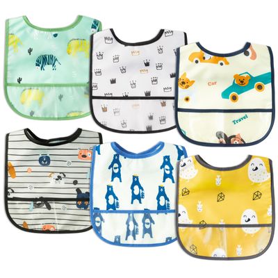 2ooya 6Pcs Waterproof Toddler Bibs Baby Feeding Bib Set with Crumb Catcher Pocket, Infant Adjustable Baby Teething Bib, Babies Sleeveless Vehicles Food Bibs Keepsake Gift for Baby Shower, 6-24 Months