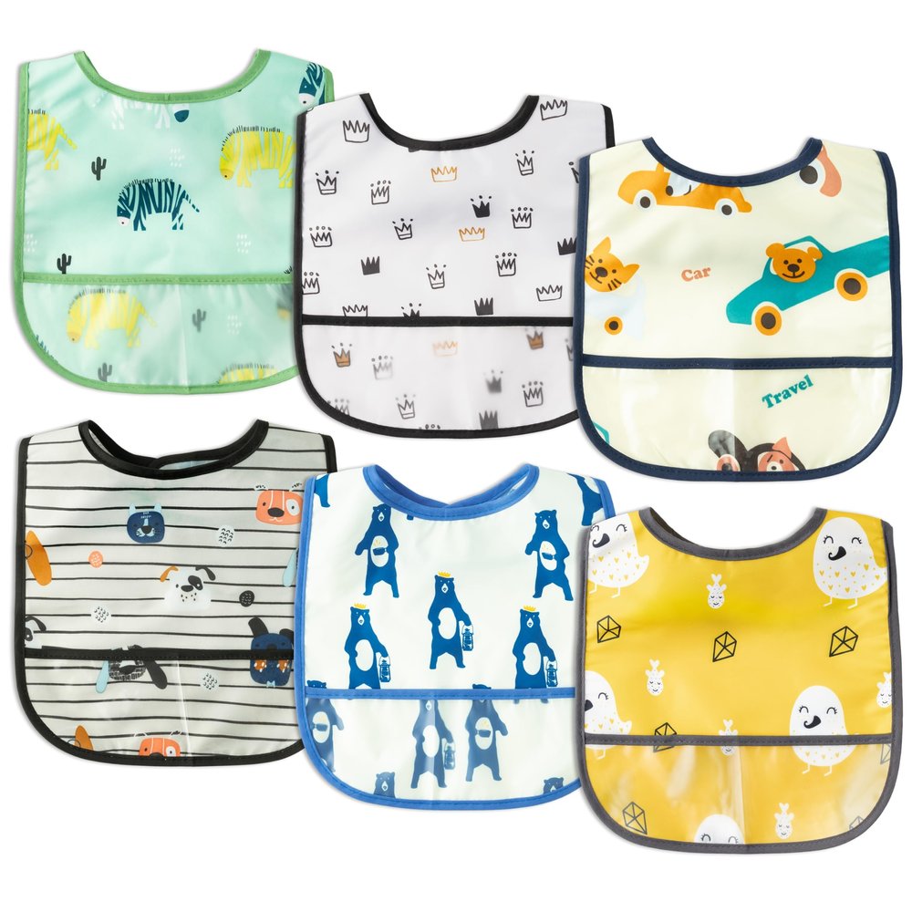 2ooya 6Pcs Waterproof Toddler Bibs Baby Feeding Bib Set with Crumb Catcher Pocket, Infant Adjustable Baby Teething Bib, Babies Sleeveless Vehicles Food Bibs Keepsake Gift for Baby Shower, 6-24 Months