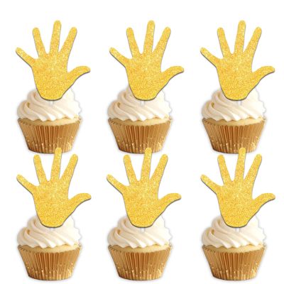 18pcs Gold Glitter Hand Dessert Cupcake Topper Pick for High Five Theme Decor Supplies Boys Girls Happy 5th Birthday Decorations