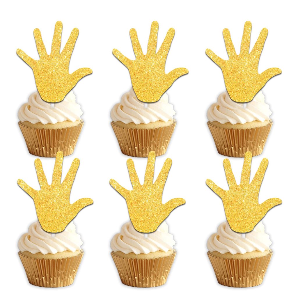 18pcs Gold Glitter Hand Dessert Cupcake Topper Pick for High Five Theme Decor Supplies Boys Girls Happy 5th Birthday Decorations