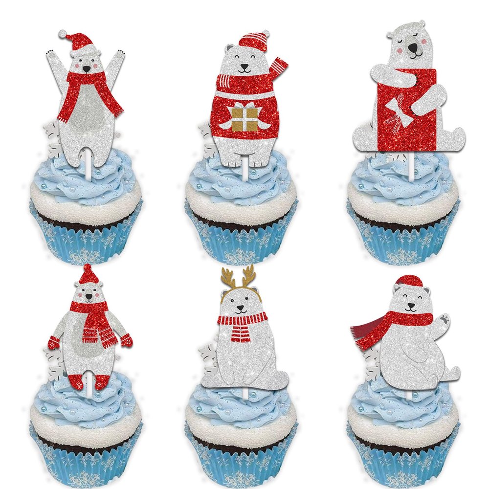 18pcs Red Glitter Polar Bear Dessert Cupcake Topper Pick for Winter Merry Christmas Theme Decor Supplies Baby Shower Woman Man Happy Birthday Party Decoration