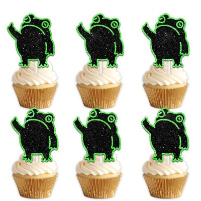 18pcs Black Green Glitter Frog Dessert Cupcake Topper Pick for Night Club Dance Frog Theme Decor Supplies Men Women Happy Birthday Party Decorations