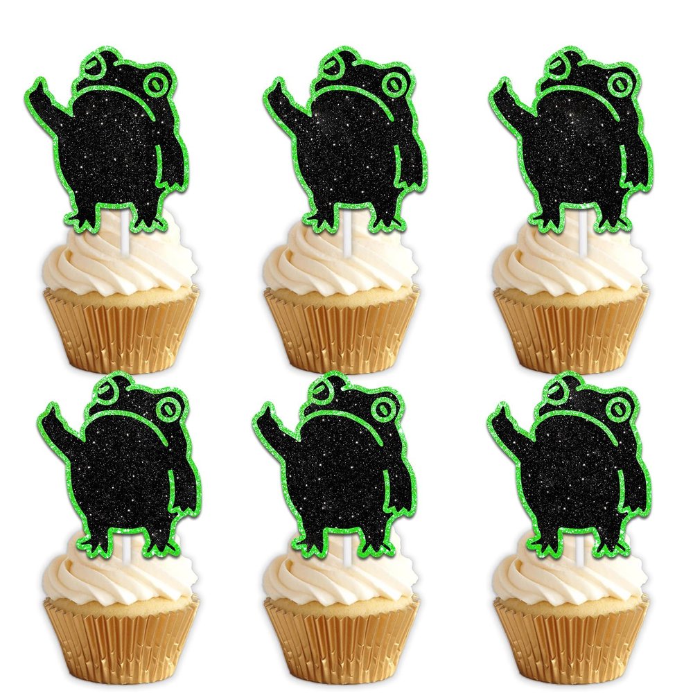 18pcs Black Green Glitter Frog Dessert Cupcake Topper Pick for Night Club Dance Frog Theme Decor Supplies Men Women Happy Birthday Party Decorations