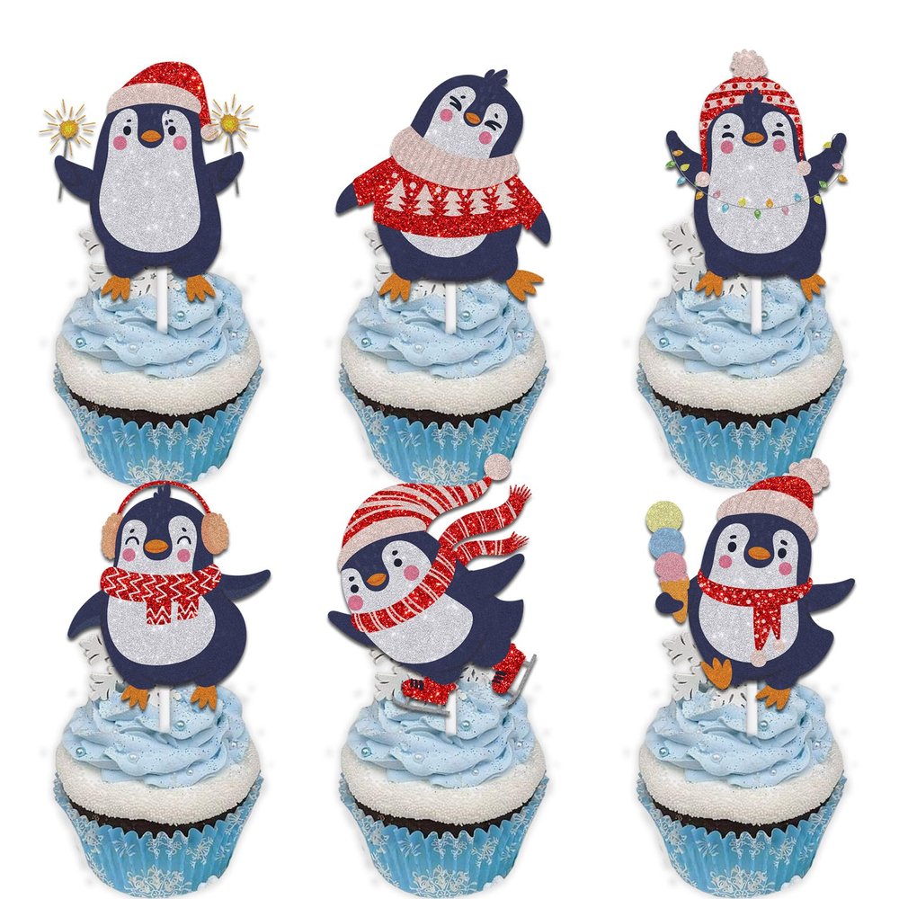 18pcs Red Glitter Cute Penguin Dessert Cupcake Topper Picks Winter Merry Christmas Eve Theme Decor Supplies Baby Shower for Boy Girl Happy Birthday Party Decoration
