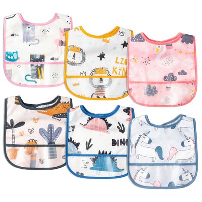 2ooya 6Pcs Waterproof Toddler Bibs Baby Feeding Bib Set with Crumb Catcher Pocket, Adjustable Infant Baby Teething Bib, Babies Sleeveless Animals Food Bibs Keepsake Gift for Baby Shower, 6-24 Months