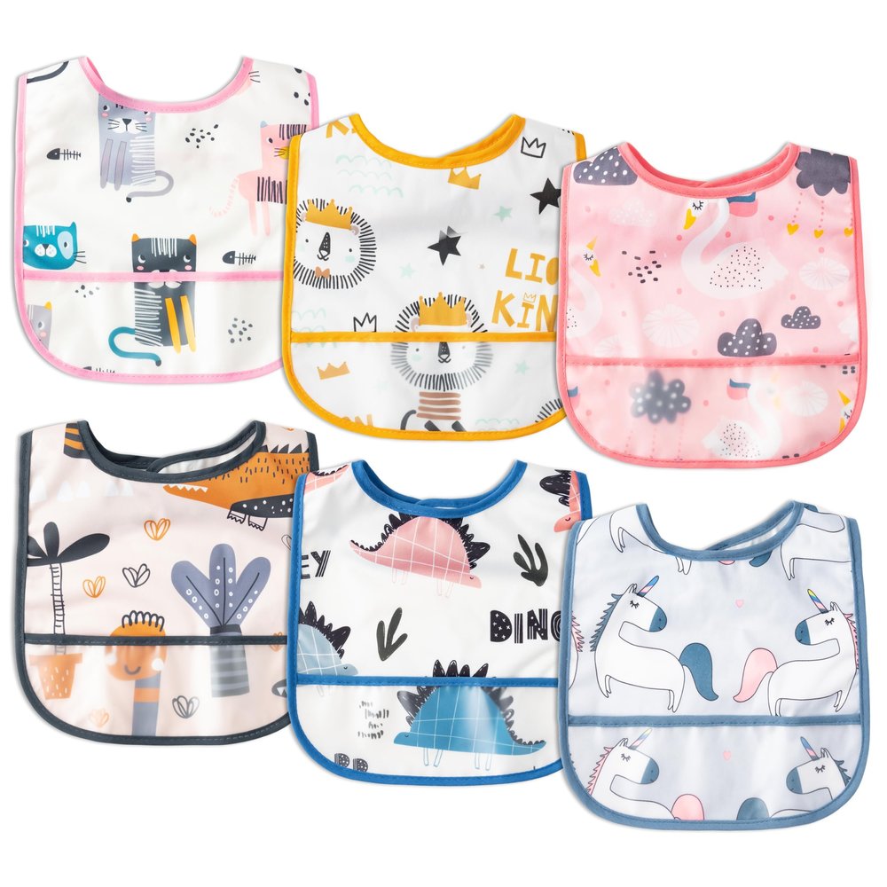 2ooya 6Pcs Waterproof Toddler Bibs Baby Feeding Bib Set with Crumb Catcher Pocket, Adjustable Infant Baby Teething Bib, Babies Sleeveless Animals Food Bibs Keepsake Gift for Baby Shower, 6-24 Months