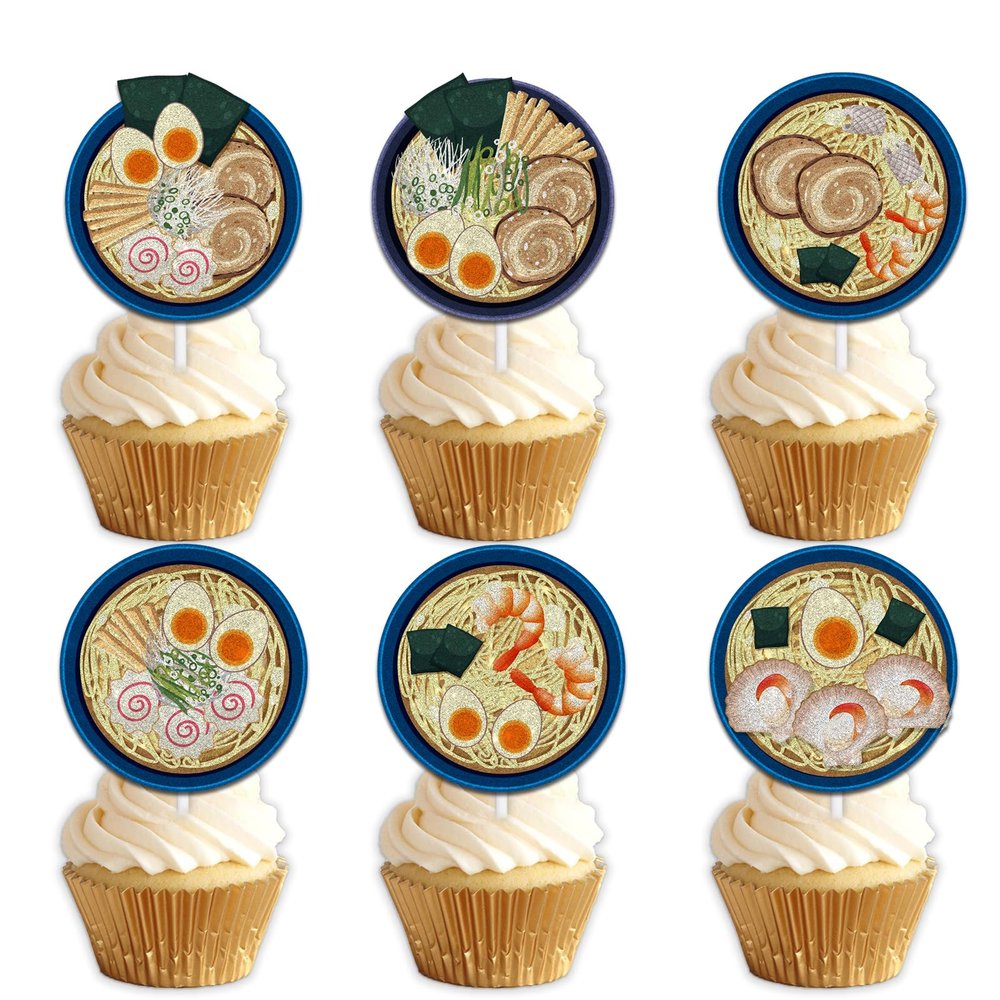 18pcs Glitter Noodle Ramen Dessert Cupcake Topper Pick for Japanese Food Theme Decor Supplies Baby Shower Men Woman Happy Birthday Party Decorations