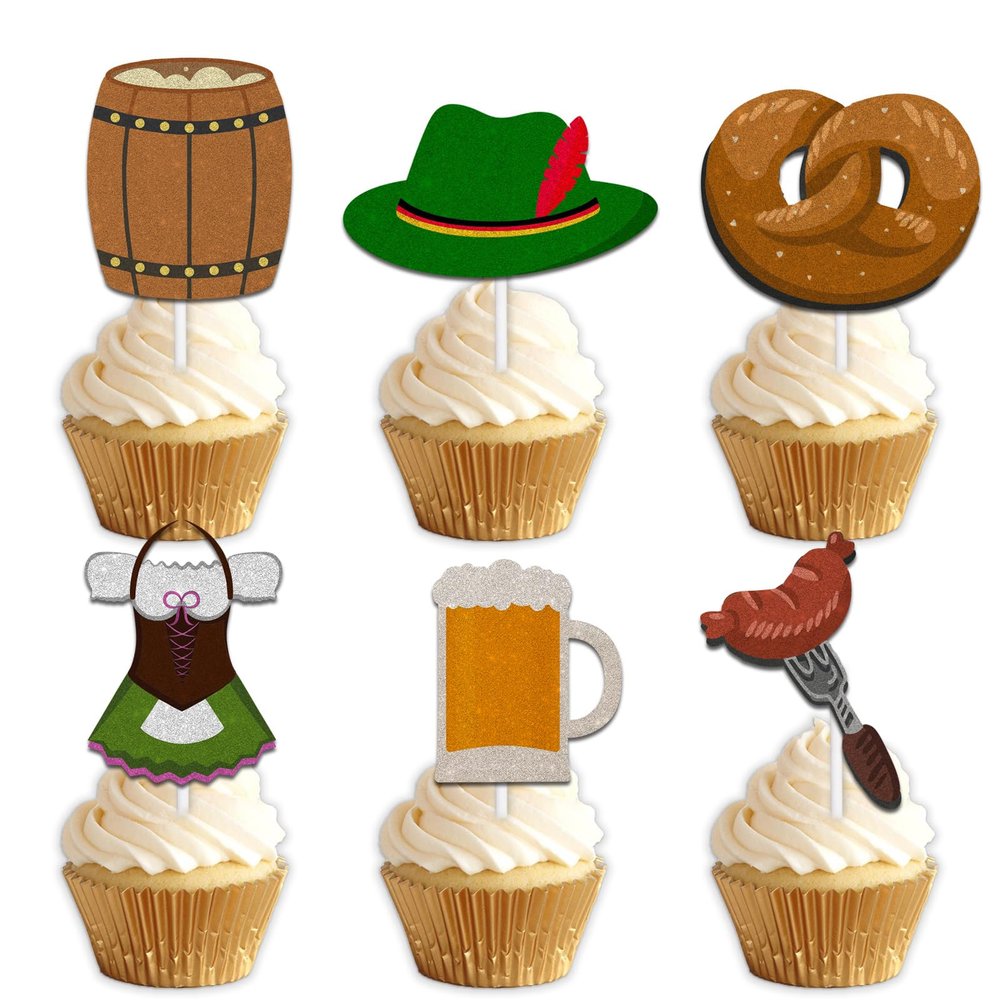 18pcs Glitter Beer Dessert Cupcake Topper Pick for Oktoberfest German Beer Theme Decorations Men Women Happy Birthday Party Decor Supplies