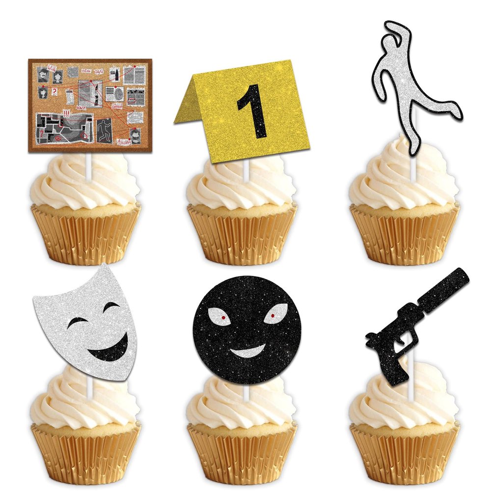 18pcs Glitter Detective Suspect Dessert Cupcake Topper Pick for Mystery Crime Evidence Clue Theme Decor Supplies Woman Man Happy Birthday Party Decoration set