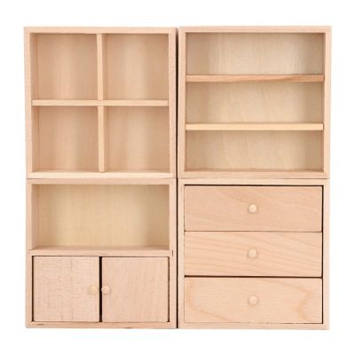4 Pcs 1:12 Doll House Cabinet Set Simple Design Practical Lifelike Miniature Wooden Dollhouse Furniture Cabinet, Dollhouse Cabinet Set, Wooden Dollhouse Furniture, Display Cabinet