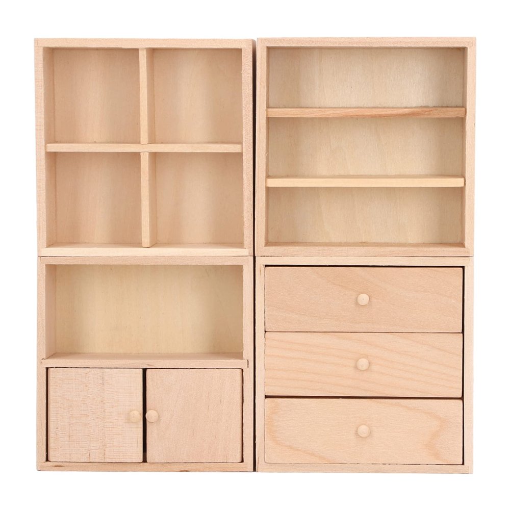4 Pcs 1:12 Doll House Cabinet Set Simple Design Practical Lifelike Miniature Wooden Dollhouse Furniture Cabinet, Dollhouse Cabinet Set, Wooden Dollhouse Furniture, Display Cabinet