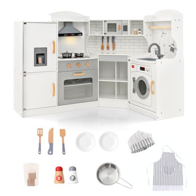 Corner Wooden Play Kitchen Set for Kids w/Lights & Sounds, Toy Kitchen Set w/Chef Suit Set, Toddler Kitchen w/Ice Make, Washing Machine, Microwave, Sink, Kids Kitchen Playset for 3+ Toddlers, White