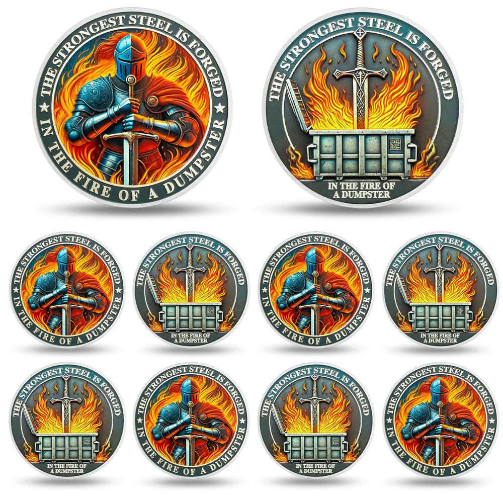 10PCS Knight Dumpster Fire Challenge Coin - The Strongest Steel is Forged Dumpster Fire Coin - Funny Desk Accessories for Work - Hilarious Coworker Go Away Token - Inspirational Gifts for Men Women
