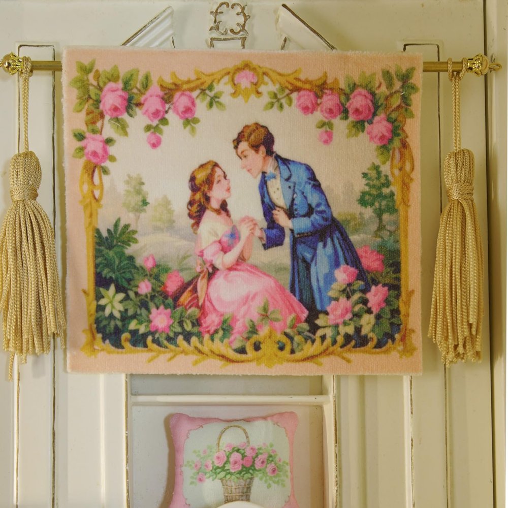 Charming Couple in Pink and Blue Aubusson Tapestry - 1:12 Scale Dollhouse Piece