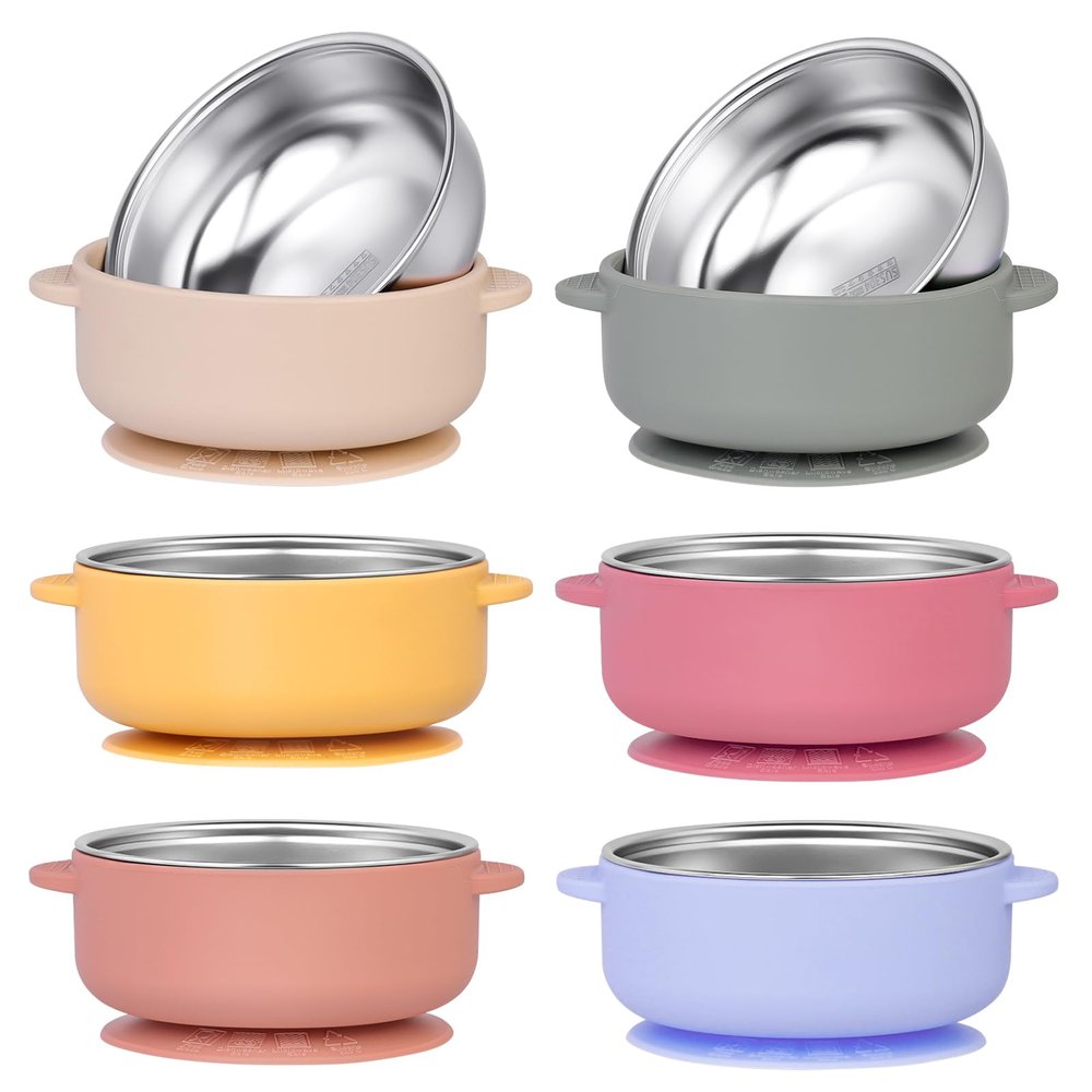 Dualshine 6 Pack 304 Stainless Steel Baby Bowls with Removable Non-Slip Silicone Shell, Suction Bowls for Baby, Scald-Resistant Food Containers, for Kids, Babies Food Feeding6 Colors