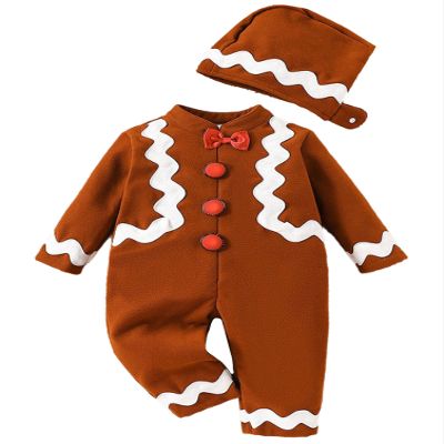 dPois Infant Baby Ginger Bread Costume Outfits Long Sleeve Bodysuit Jumpsuit with Cookie Hats Set Holiday Dress Up Brown 6-12 Months