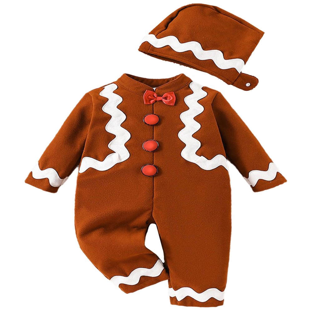 dPois Infant Baby Ginger Bread Costume Outfits Long Sleeve Bodysuit Jumpsuit with Cookie Hats Set Holiday Dress Up Brown 6-12 Months