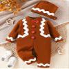dPois Infant Baby Ginger Bread Costume Outfits Long Sleeve Bodysuit Jumpsuit with Cookie Hats Set Holiday Dress Up Brown 6-12 Months view 3
