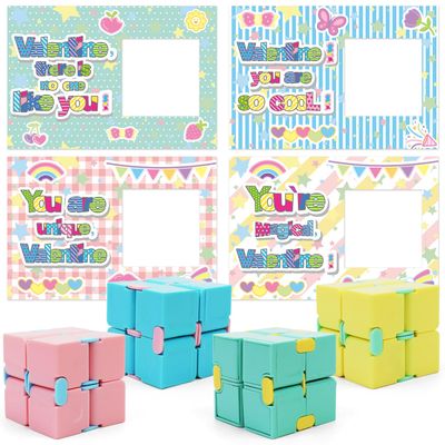 28 Pack Valentines Day Gifts for Kids, 4 Color Infinity Cubes with Valentines Gift Cards for Boys Girls School Classroom Exchange Prize, Valentines Party Favors Toys