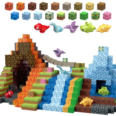 MEDMHSMA 205Pcs Dinosaur Toys Magnetic Blocks Build 3D Dinosaur World Jurassic Scenes, 1" Magnetic Building Blocks Magnet Cubes Tiles for Toddler Boys Girls 3+, STEM Sensory Building Toys Games