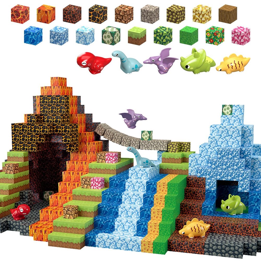 MEDMHSMA 205Pcs Dinosaur Toys Magnetic Blocks Build 3D Dinosaur World Jurassic Scenes, 1" Magnetic Building Blocks Magnet Cubes Tiles for Toddler Boys Girls 3+, STEM Sensory Building Toys Games