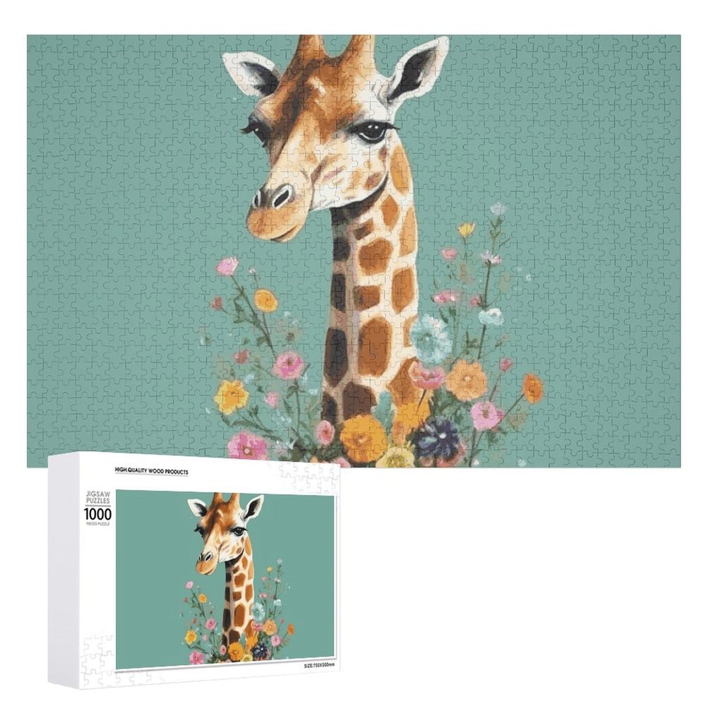 1000 PCS Jigsaw Puzzles Giraffe with Flowers Wooden Puzzle Personalized Picture Puzzle Family Decoration Puzzles for Adults Challenging Puzzle Family Wedding Graduation Present