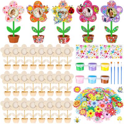 24 Sets Spring Wooden Crafts Bulk Mother's Day Flower DIY Picture Frame Kit Unfinished Solid Wood Flower Picture Frames Craft with Gems Sticker Paint Brush for DIY Birthday Party Gift(Daisy)
