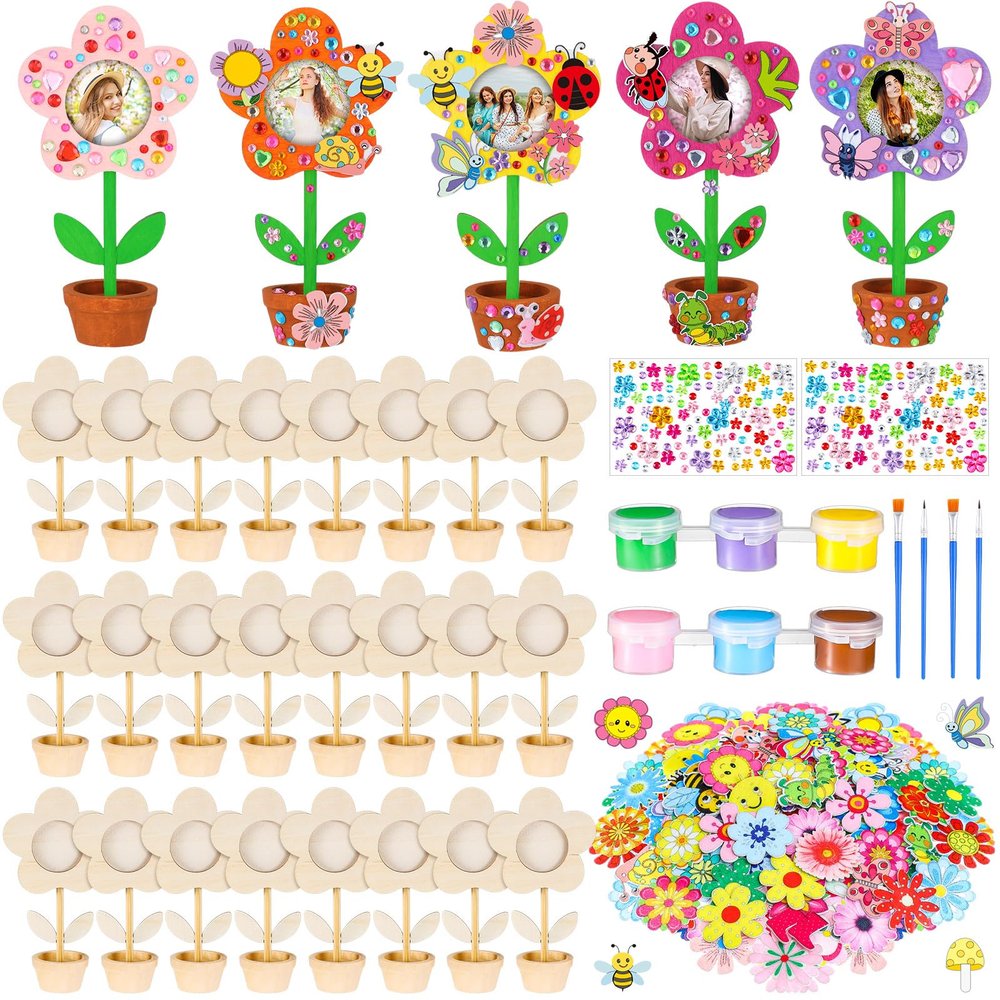 24 Sets Spring Wooden Crafts Bulk Mother's Day Flower DIY Picture Frame Kit Unfinished Solid Wood Flower Picture Frames Craft with Gems Sticker Paint Brush for DIY Birthday Party Gift(Daisy)