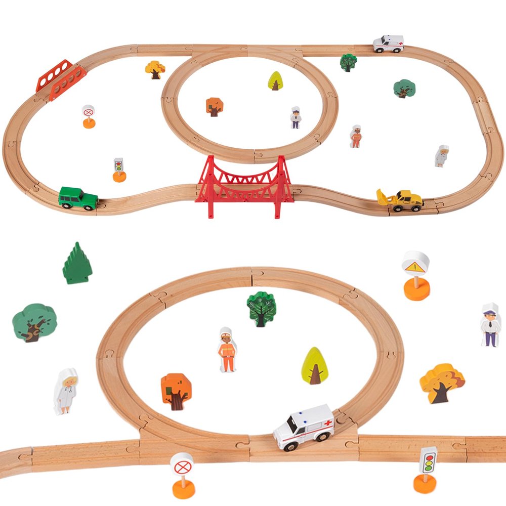 Wooden Train Set for Kids Ages 4-8, Wood Train Track with Magnetic Toy Train Accessories for Toddlers 3-5 Year Old Boy & Girl, Railway Set Road Sign Fit Major Brand Christmas Toy (40 Pieces)