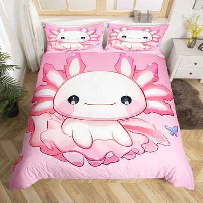 Manfei Kawaii Axolotl Kids Duvet Cover Set Toddler Size, Pink Axolotl Princess Bedding Set for Girls Room Decor, Cute Animal Comforter Cover, Lightweight Bedspread Cover, 1 Pillowcase, No Comforter