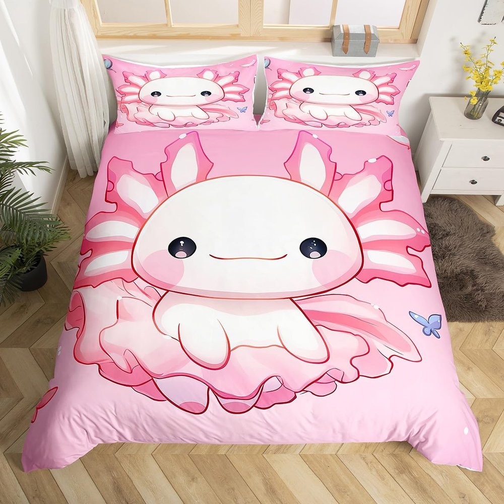 Manfei Kawaii Axolotl Kids Duvet Cover Set Toddler Size, Pink Axolotl Princess Bedding Set for Girls Room Decor, Cute Animal Comforter Cover, Lightweight Bedspread Cover, 1 Pillowcase, No Comforter