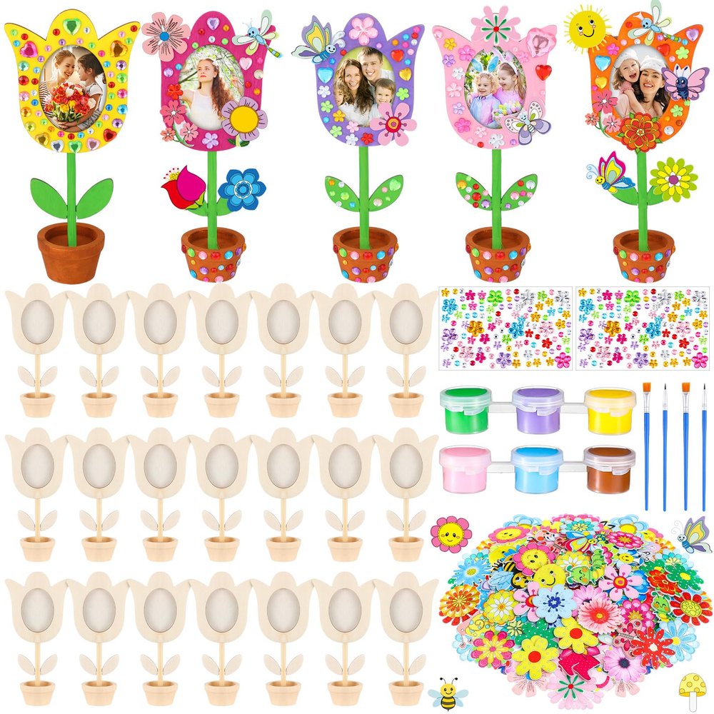 24 Sets Spring Wooden Crafts Bulk Flower DIY Picture Frame Kit Unfinished Solid Wooden Flower Shape Picture Frames Crafts with Gems Stickers Paint Brush for Spring Mother's Day Party(Tulip)