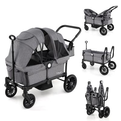 BABY JOY Wagon Stroller for 2 Kids, Collapsible Push Pull Double Stroller Wagon with Adjustable Handle Bar, Removable Canopy, Safety Harness, Cup Holder, Snack Tray & Storage Bag (Gray)