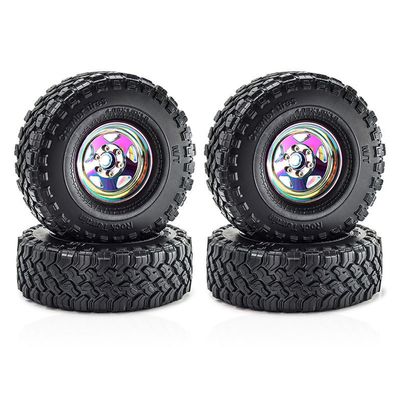4PCS 1.9'' Aluminum Rim Rubber Crawler Tires Rock Terrain Wheels Tyres 118x38mm RC Replacement Parts for SCX10 90046 TRX4 1/10 RC Climbing Car, Colorful
