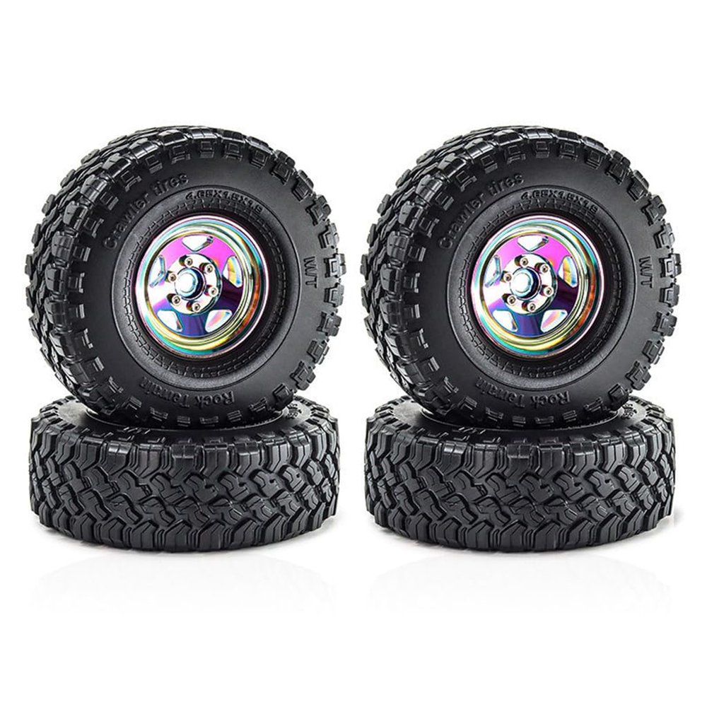 4PCS 1.9'' Aluminum Rim Rubber Crawler Tires Rock Terrain Wheels Tyres 118x38mm RC Replacement Parts for SCX10 90046 TRX4 1/10 RC Climbing Car, Colorful