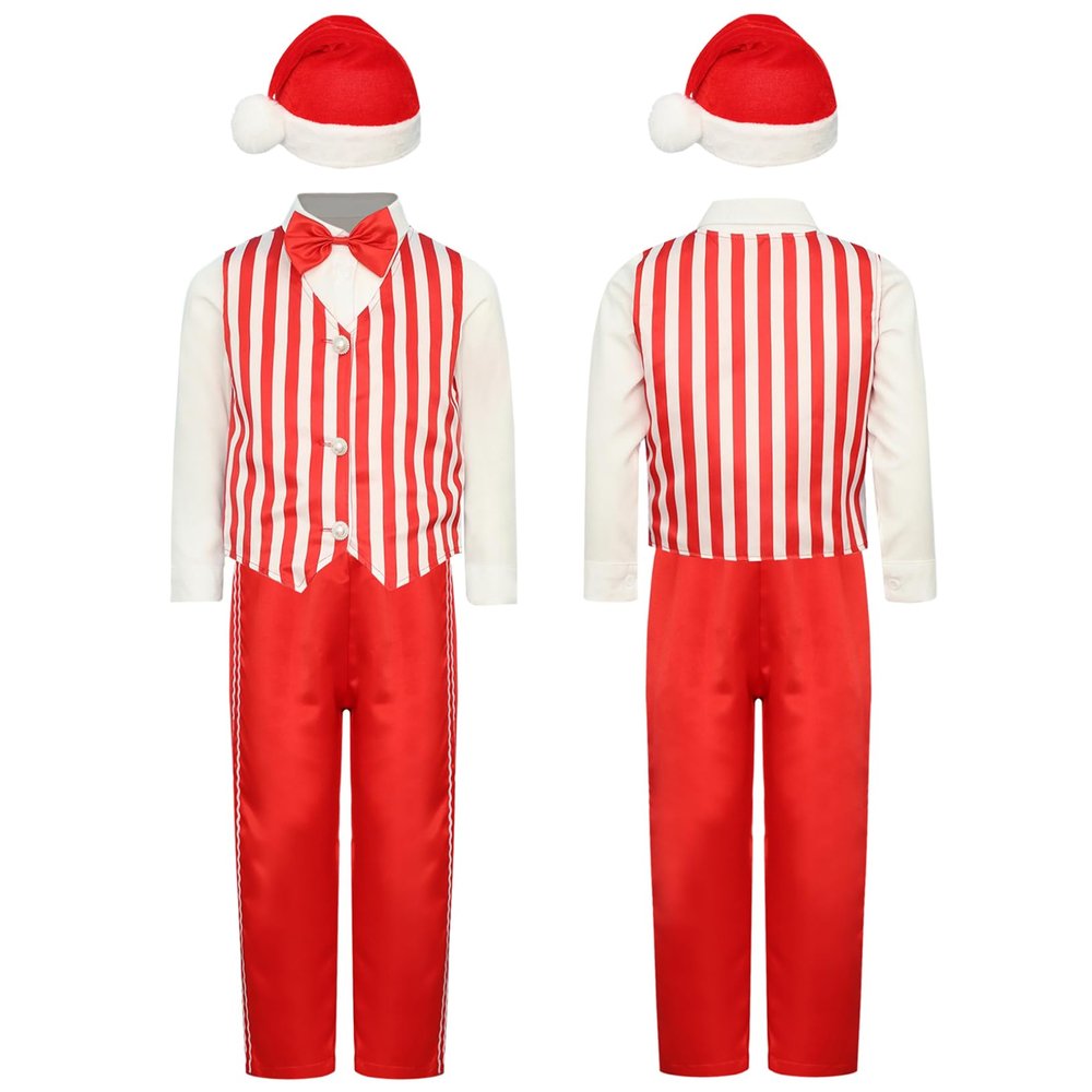 ACSUSS Xmas Santa Claus Cosplay Costume for Little Boys Button Shirt Trousers Stripe Waistcoat with Christmas Hat Red 3-4 Years