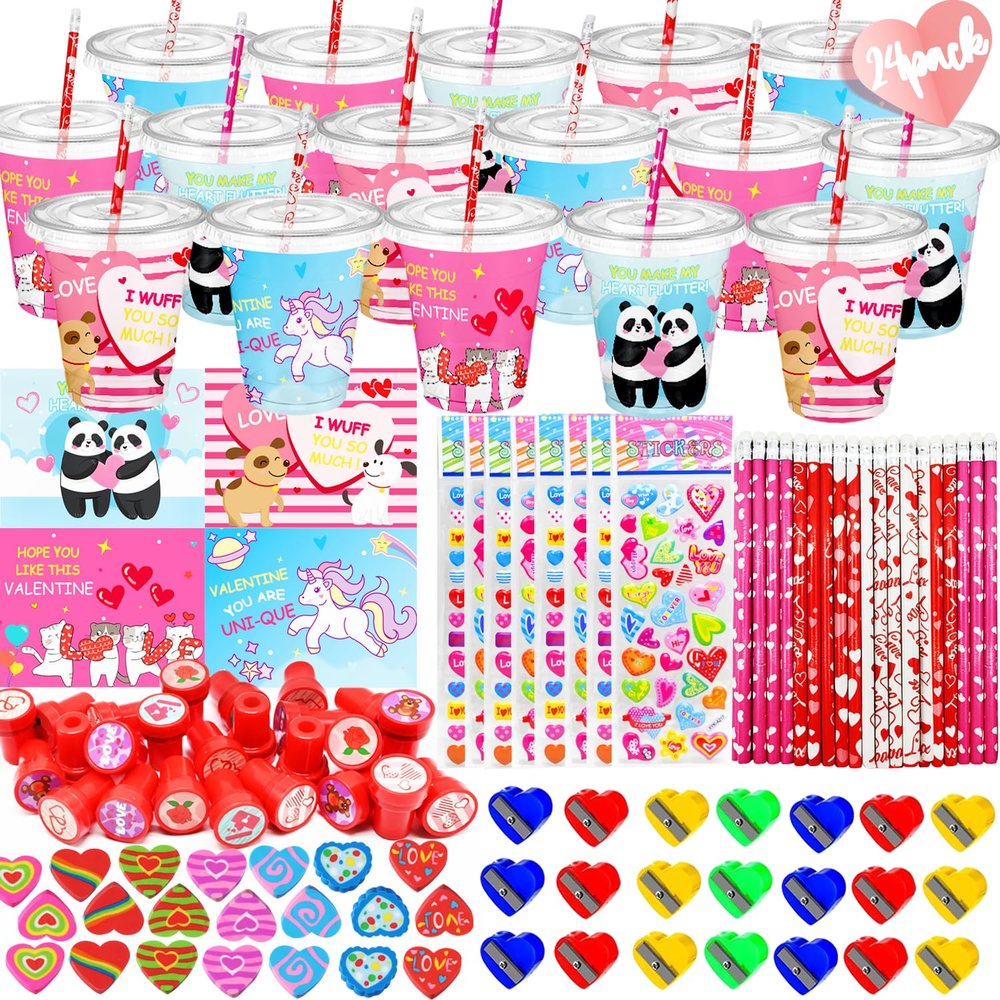 CAMIRUS Valentines Day Gifts for Kids Classroom, 24 Packs Valentine Day Stationery Set Gift with Gift Cards Cups Pencils Erasers Stampers Stickers, Valentines Day Cards for School Classmates