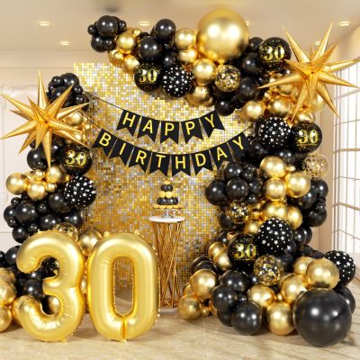 114pcs 30th Birthday Decorations for Him, 30th Birthday Decorations with 30th Birthday Banner Black Gold Confetti Birthday Balloons for 30 Year Old Birthday Decorations
