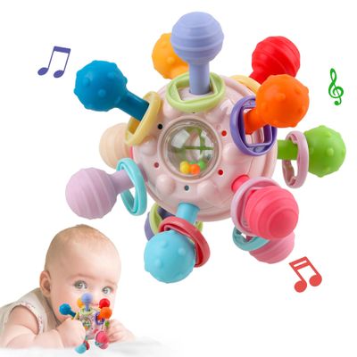 Baby Sensory Teething Toys - Baby Teether & Rattle - Gifts for Infant Newborn Boys Girls 0 3 6 9 12 18 Months - Toddler Montessori Educational Learning Toys (Pink)