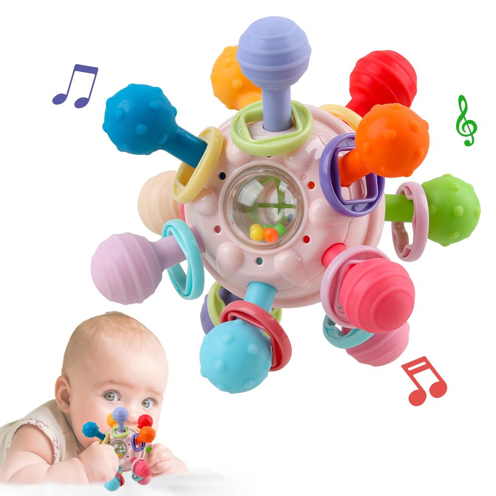 Baby Sensory Teething Toys - Baby Teether & Rattle - Gifts for Infant Newborn Boys Girls 0 3 6 9 12 18 Months - Toddler Montessori Educational Learning Toys (Pink)