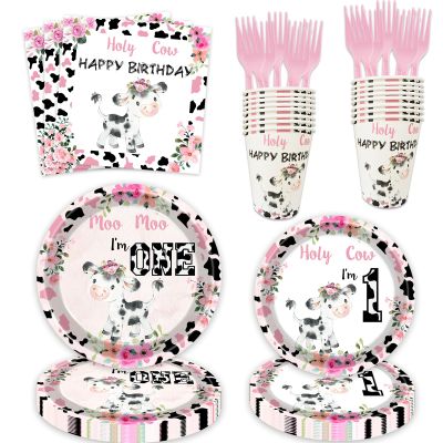 100 Pcs Holy Cow I'm One Birthday Decorations Girl Tableware Cow Print 1st Birthday Party Supplies Includes Plates, Forks, Cups, Napkins for Girls One Year Old Birthday Party Decorations Favors