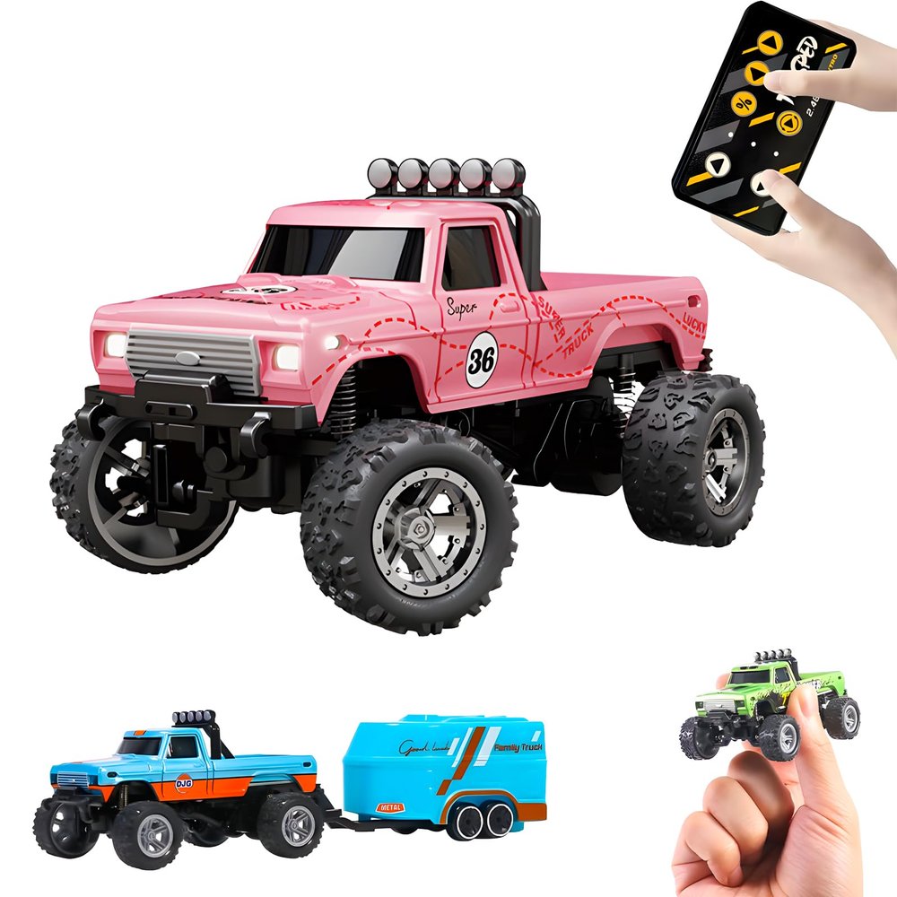 BINGONE Mini Rc Truck,1:64 Scale Monster Truck Remote Control Car with Lights, 2.4Ghz Remote Control, Mini Alloy Monster Truck Rc, Speed/Steering Adjustable