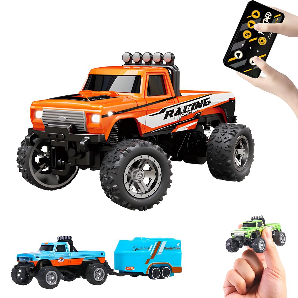 BINGONE Mini Rc Truck,1:64 Scale Monster Truck Remote Control Car with Lights, 2.4Ghz Remote Control, Mini Alloy Monster Truck Rc, Speed/Steering Adjustable
