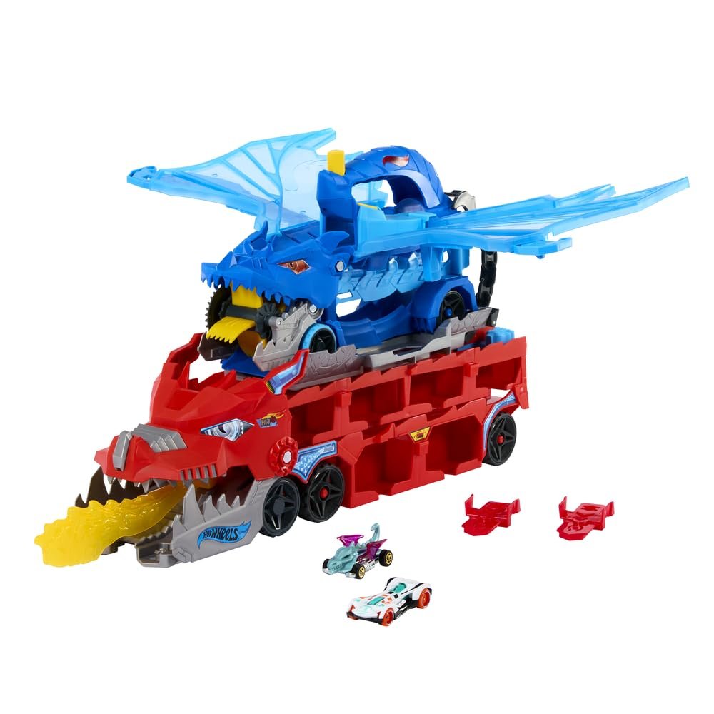 Hot Wheels City Toy Car Track Set, Ultimate Dual Dragon Transporter & 2 Die-Cast Cars, Large-Scale Dragon & Detachable Dragon, Stores 20+ Vehicles
