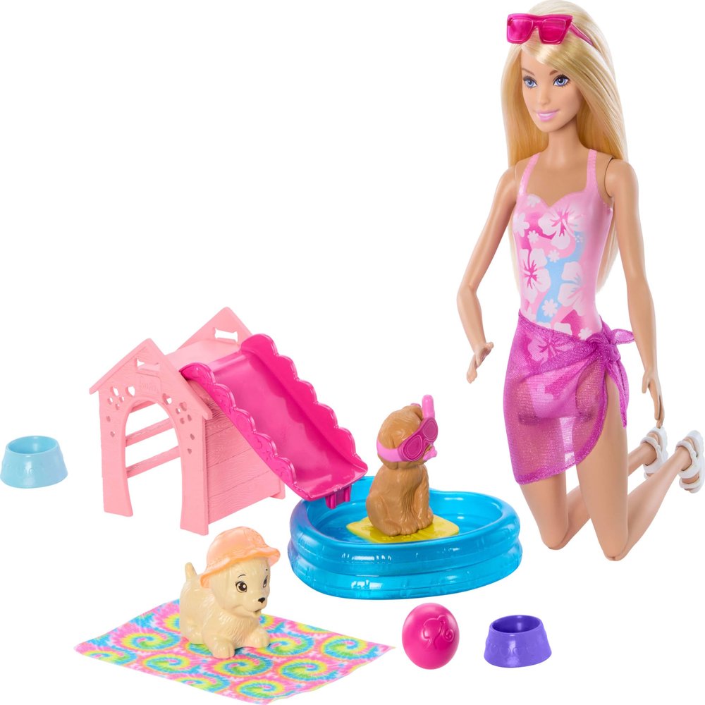 Barbie Puppy Pool Party Playset with Doll, Dog House and Slide, Heart Shaped Pool, Two Dog Figures, Six Accessories and Color Change, JBF35