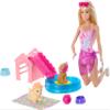 Barbie Puppy Pool Party Playset with Doll, Dog House and Slide, Heart Shaped Pool, Two Dog Figures, Six Accessories and Color Change, JBF35 view 1