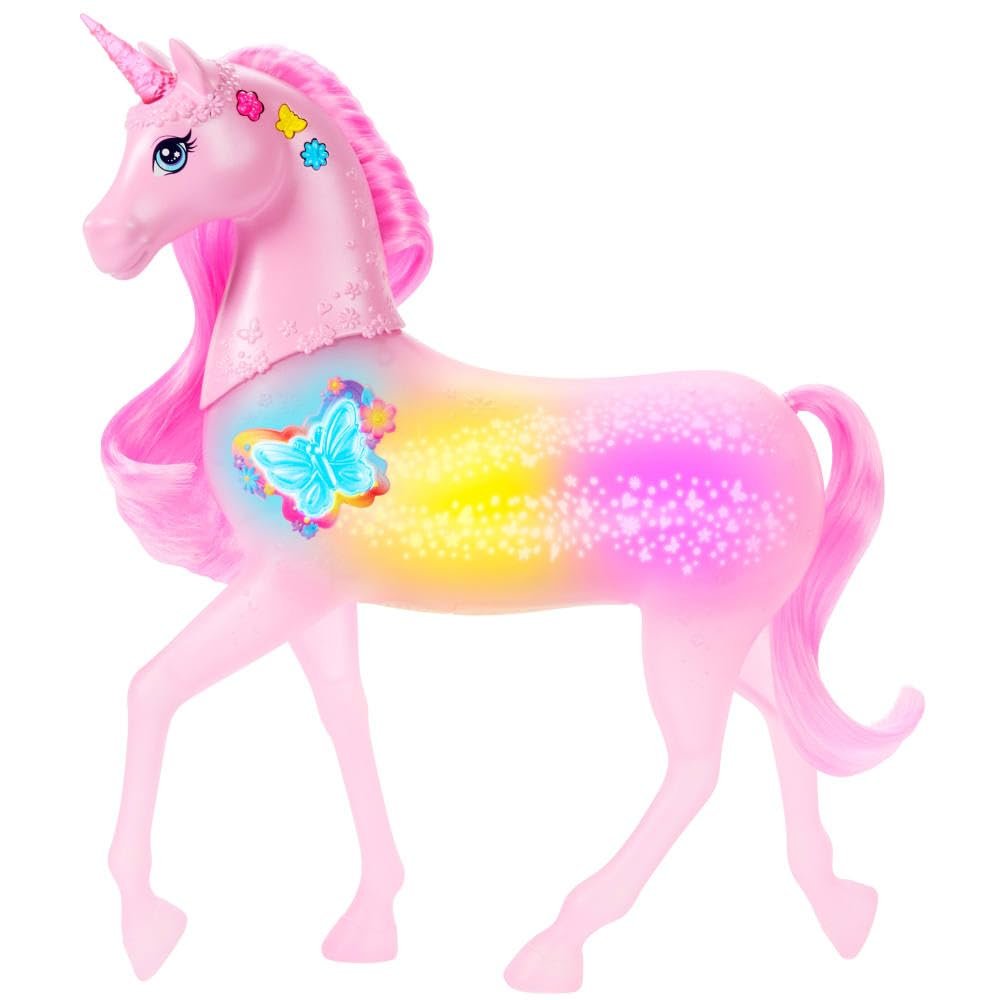 Barbie Unicorn with Sparkling Lights, toy with 20 interactive combinations of light, sound and music, press buttons and stroke the head to play, JCP78