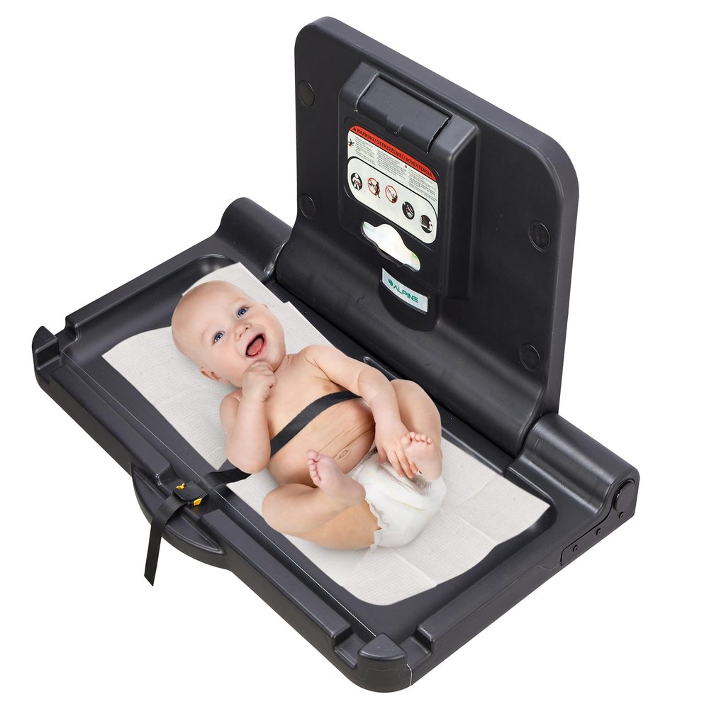 Alpine Wall Mounted Baby Changing Station - Horizontal Baby Changing Table Foldable Diaper Tables with Safety Strap for Commercial Bathroom, ADA Complaint (Hardware Included) Black