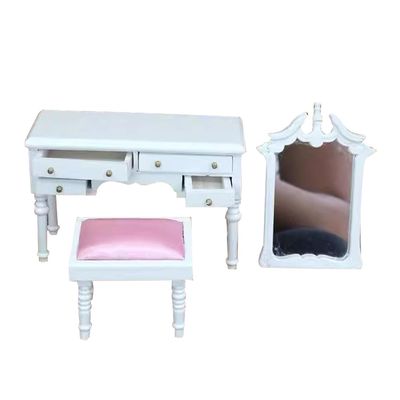 Miniature Vanity Desk with Mirror and Stool 1:12 Scale Dollhouse Make Up Dresser Table with Drawers Decor for Doll House Bedroom Furniture