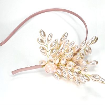 100% Handmade Luxury Headbands with Faux Acrylic Pearls And Golden Wires,Fit performace, wedding, dating or hang-out(Pink).